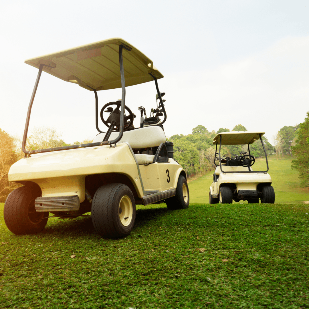 Dwa wózki golfowe na polu golfowym – szerokie opony typu Turf nieniszczące trawy.