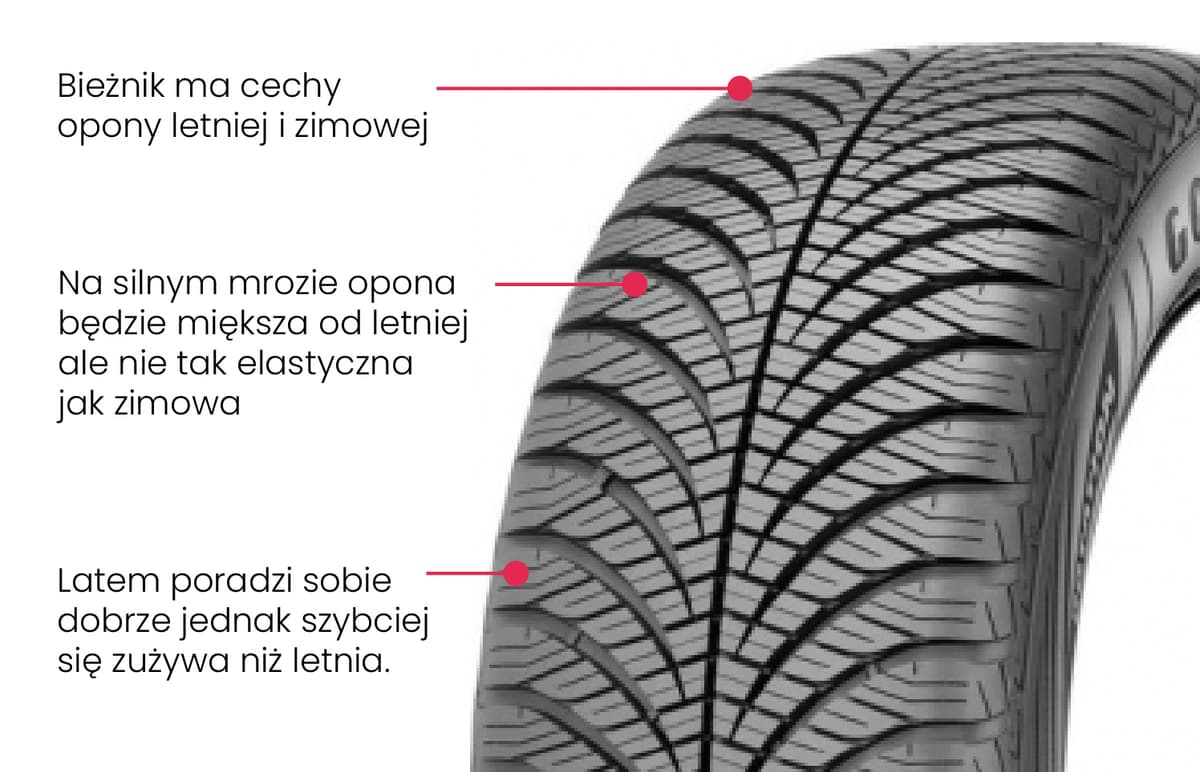 Porównanie cech opony całorocznej – infografika z budową bieżnika na lato i zimę