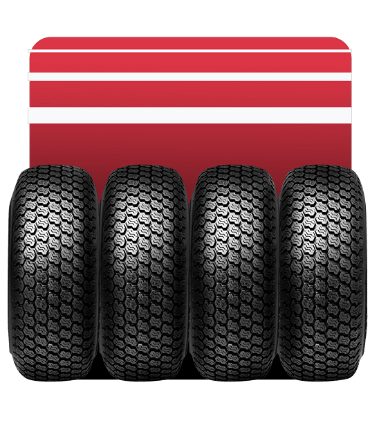 Zestaw 4 opon letnich z bieżnikiem blokowym na czerwonym tle – komplet opon do samochodu osobowego