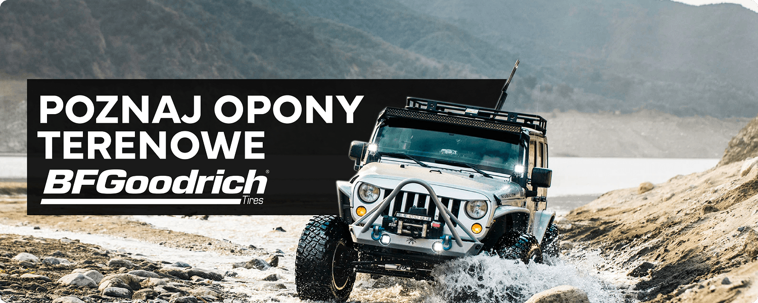 Biały Jeep Wrangler na oponach terenowych BFGoodrich przeprawiający się przez wodę – baner "Poznaj opony terenowe".